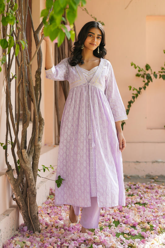 Purpal Cotton Mulmul Khari-Printed Shrug, Kurta & Pant Set