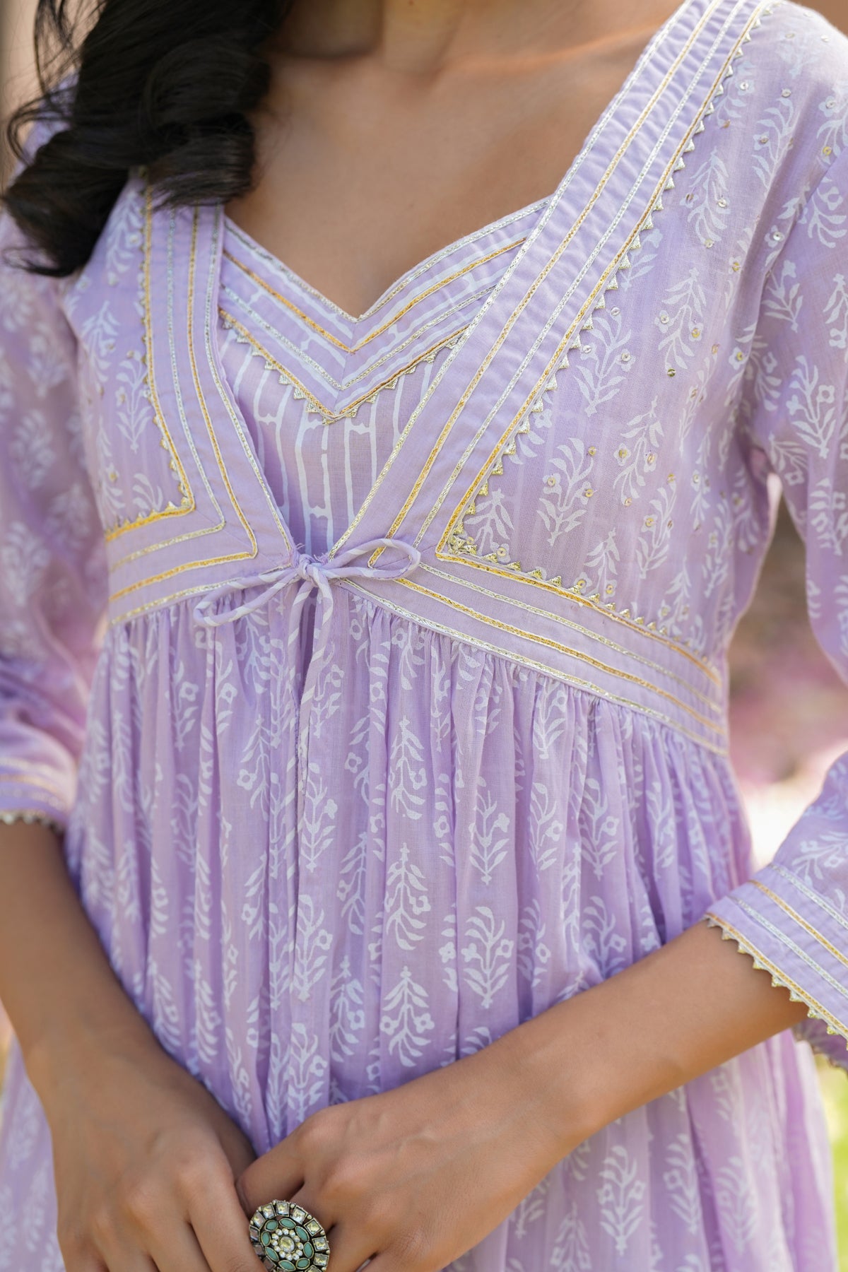 Purpal Cotton Mulmul Khari-Printed Shrug, Kurta & Pant Set