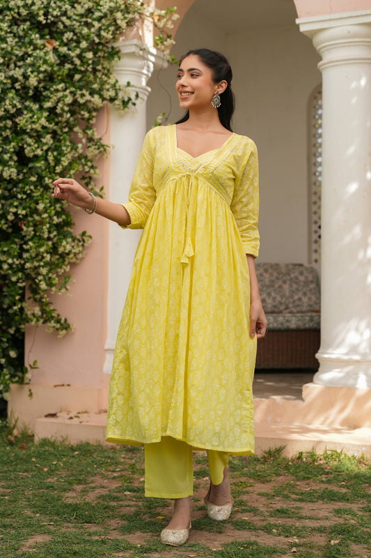 Yellow Cotton Mulmul Khari-Printed Shrug, Kurta & Pant Set