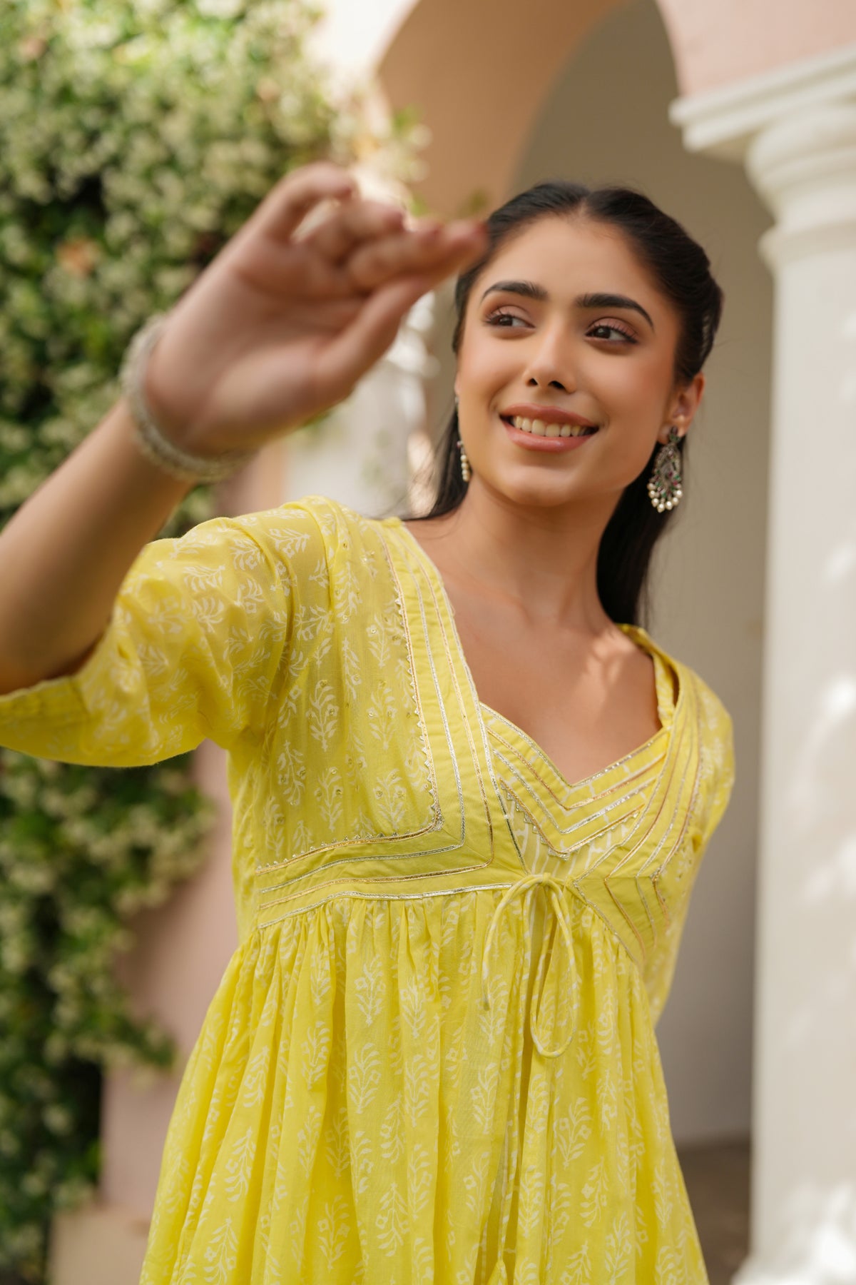 Yellow Cotton Mulmul Khari-Printed Shrug, Kurta & Pant Set