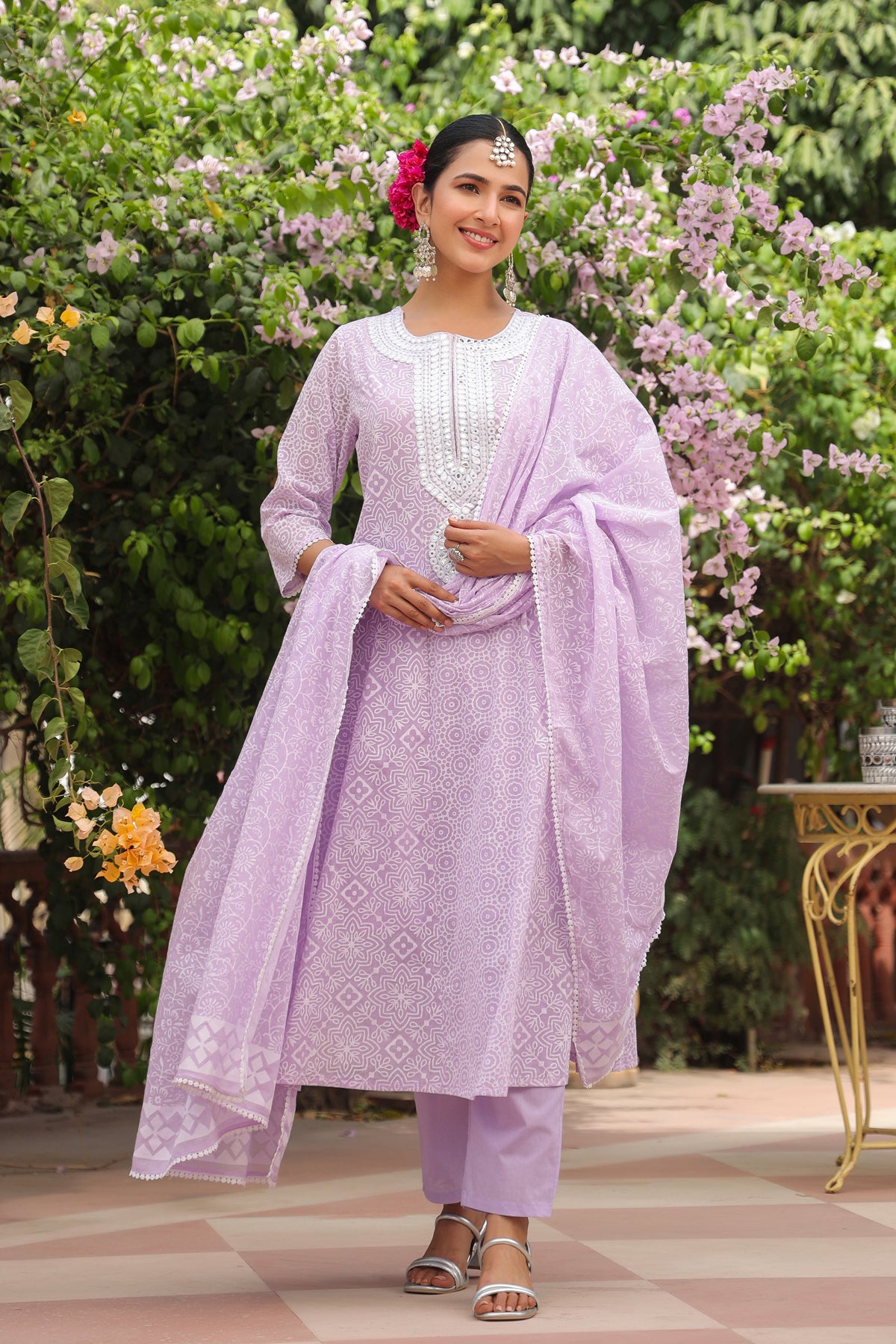 Lavender Cotton Mulmul Khari Printed Anarkali Set