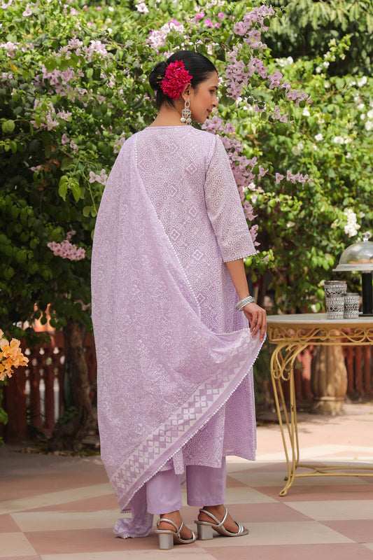 Lavender Cotton Mulmul Khari Printed Anarkali Set