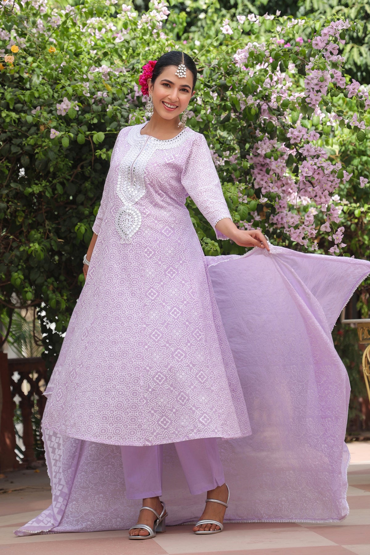 Lavender Cotton Mulmul Khari Printed Anarkali Set