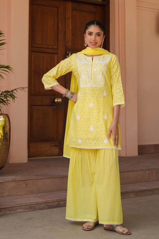 Yellow Jacquard Cotton Chikankari Sharara Set