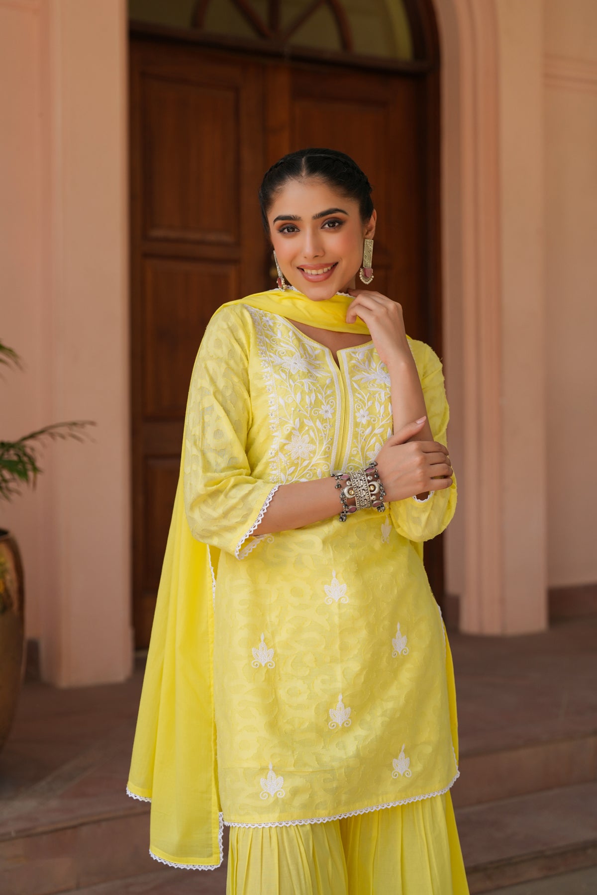 Yellow Jacquard Cotton Chikankari Sharara Set