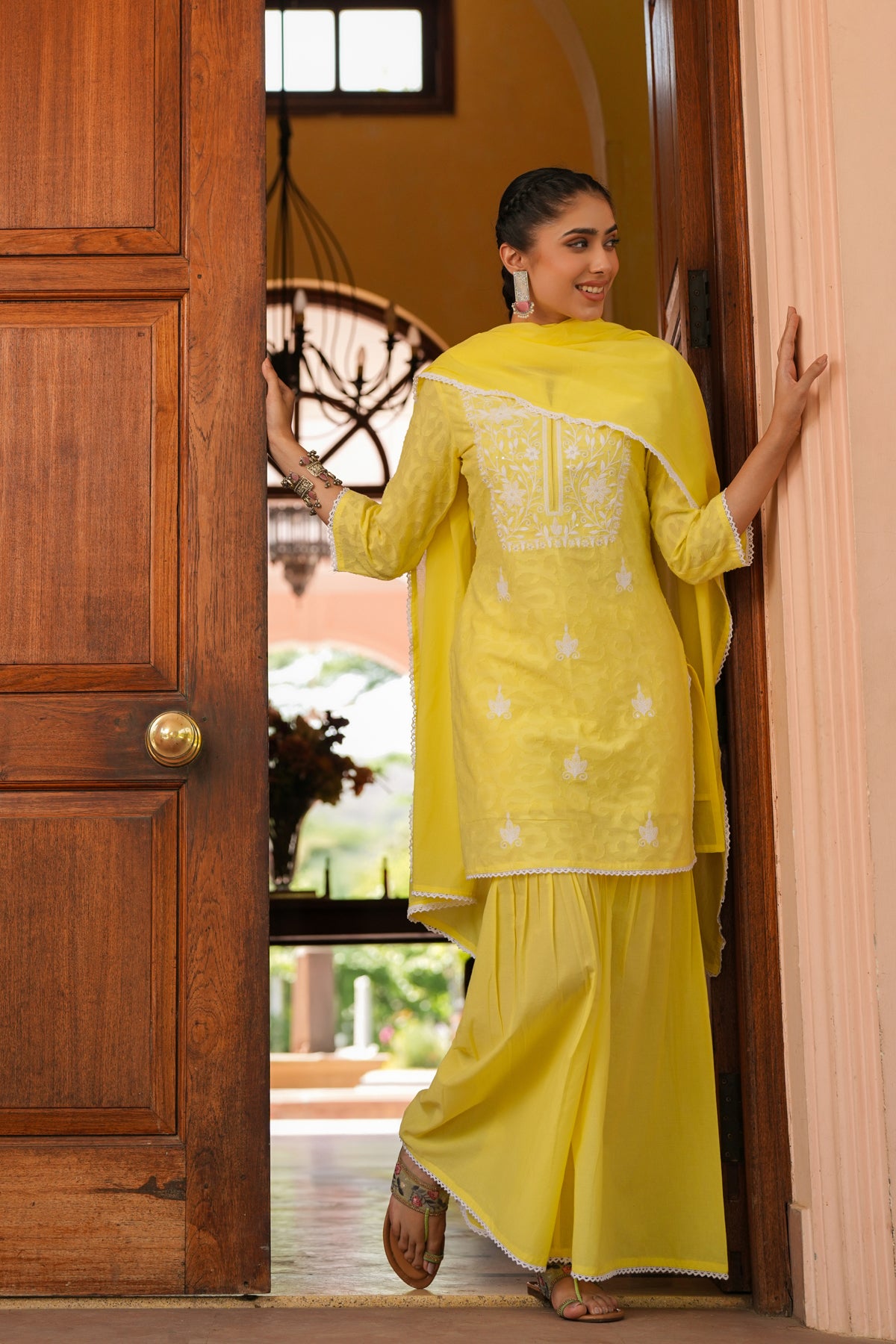 Yellow Jacquard Cotton Chikankari Sharara Set