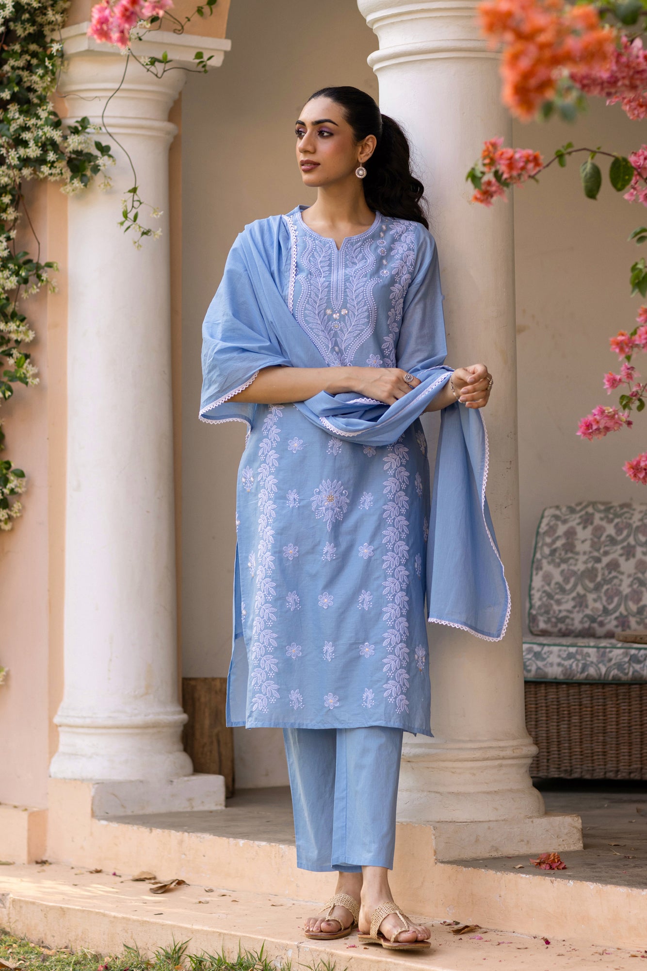Blue Cotton Cambric Multi-Embroidered Straight Suit Set