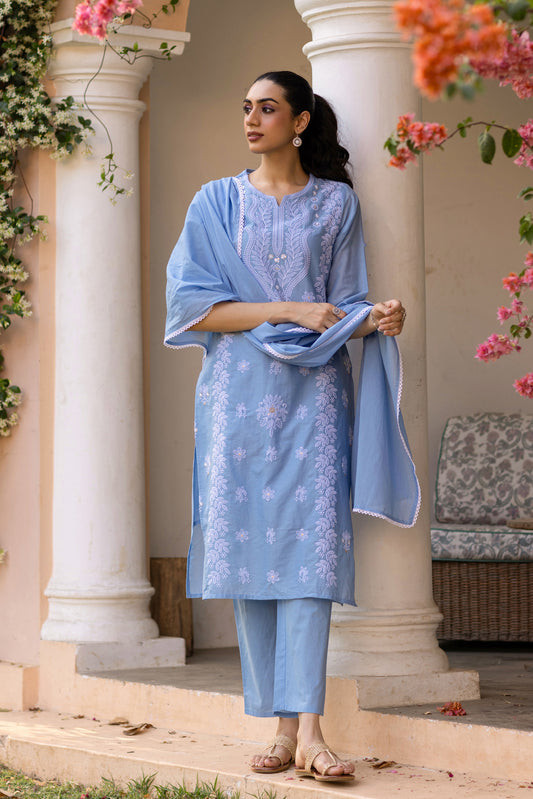 Blue Cotton Cambric Multi-Embroidered Straight Suit Set
