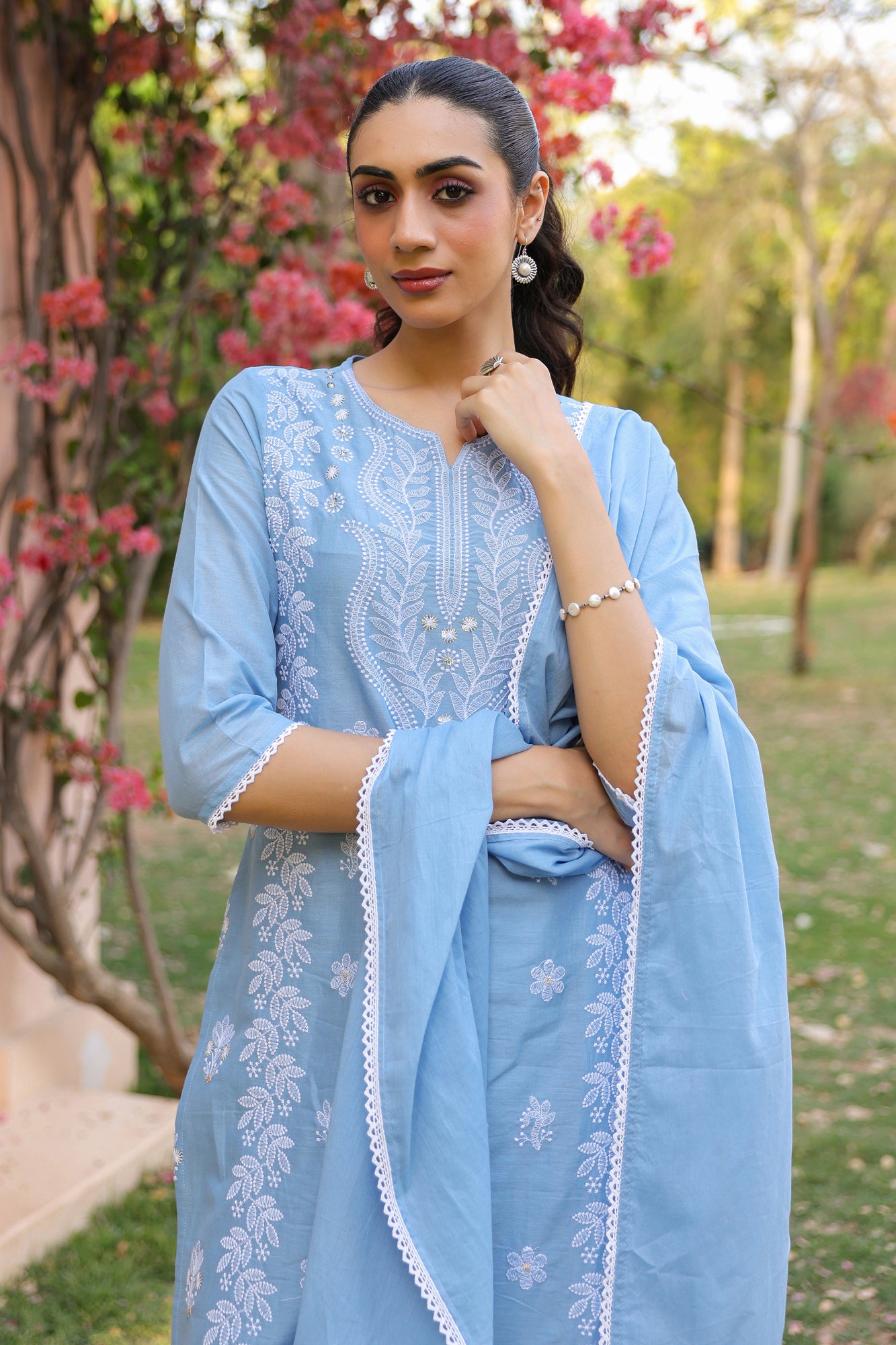 Blue Cotton Cambric Multi-Embroidered Straight Suit Set