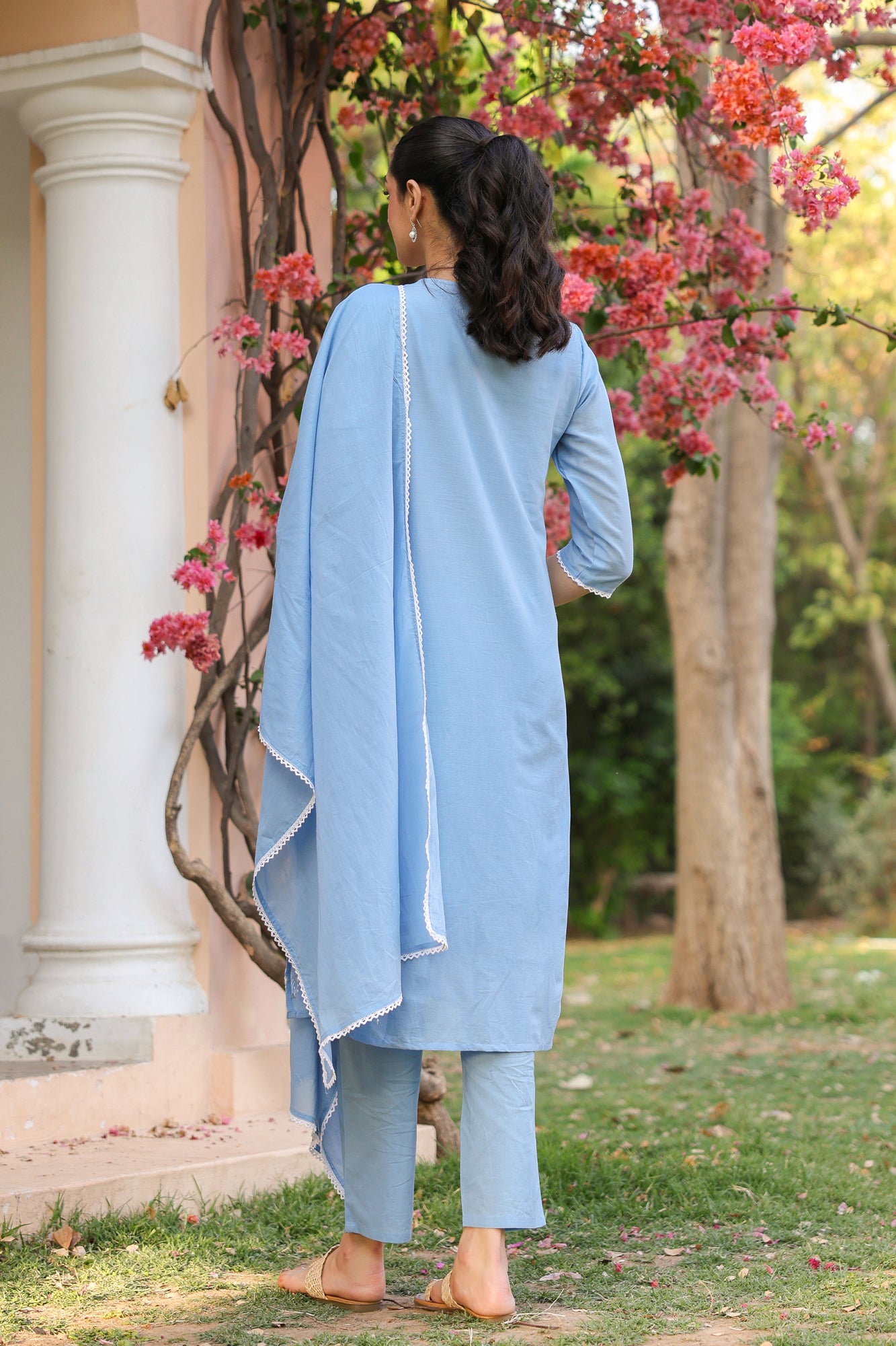 Blue Cotton Cambric Multi-Embroidered Straight Suit Set