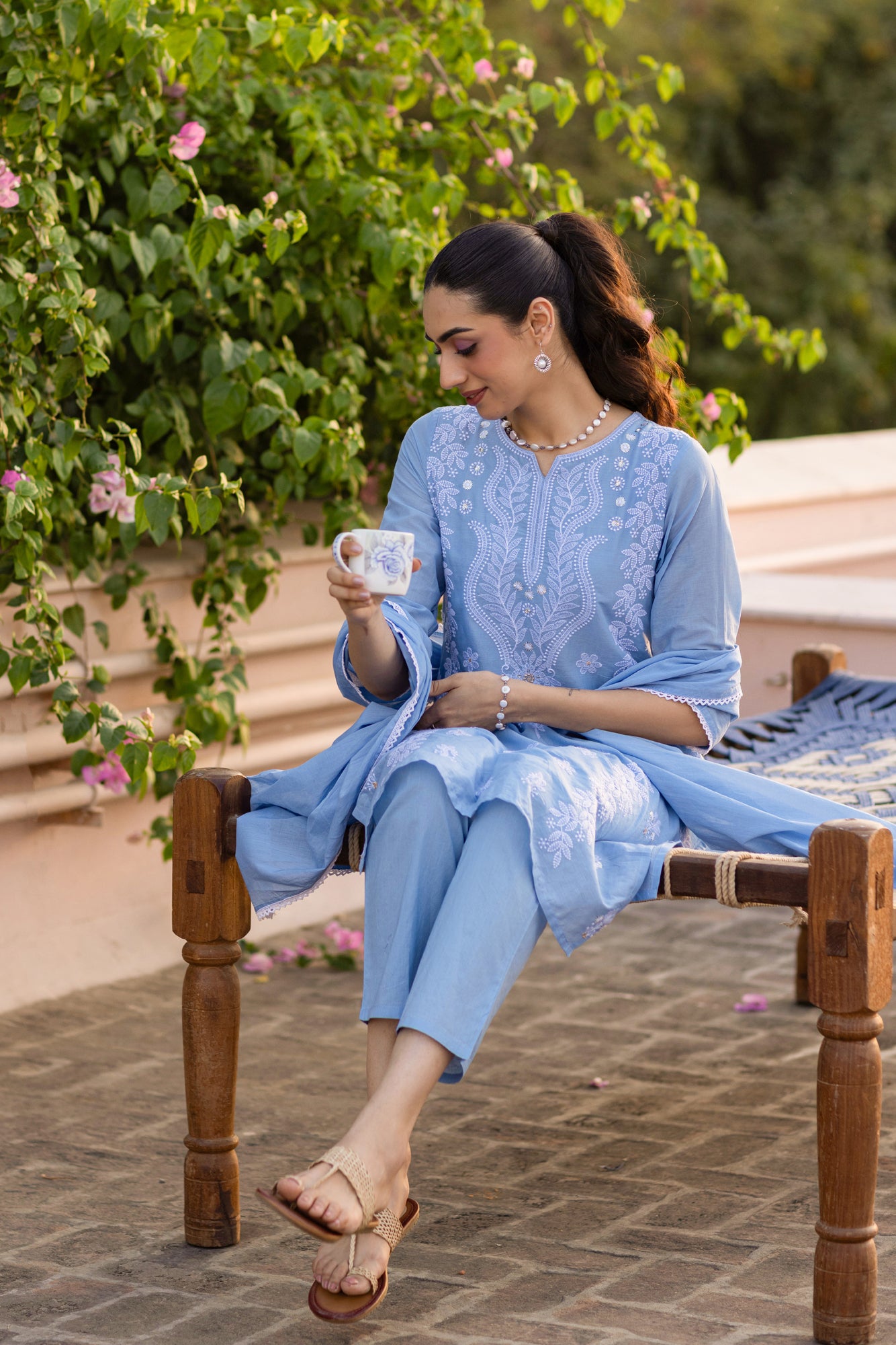 Blue Cotton Cambric Multi-Embroidered Straight Suit Set