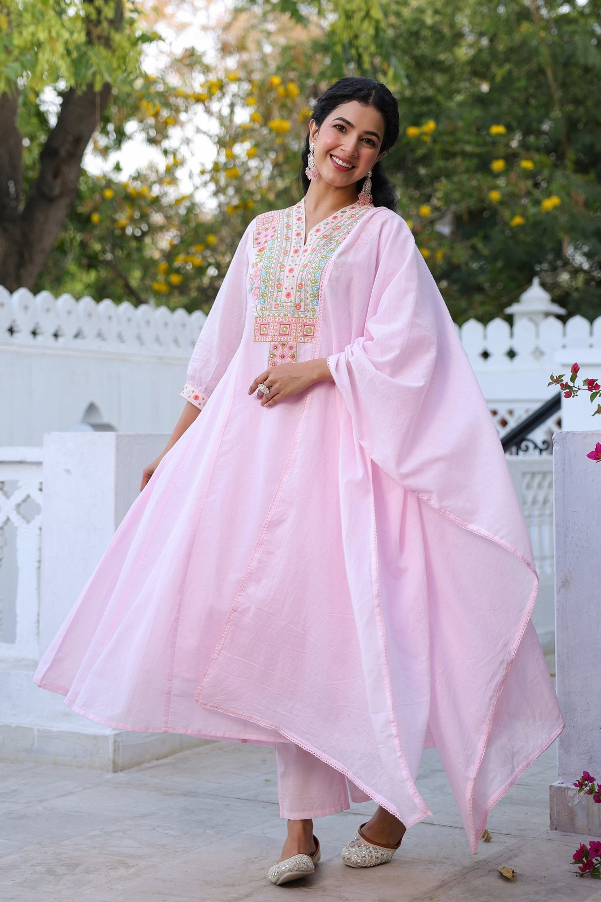 Lavender Cotton Mulmul Khari Printed Anarkali Set