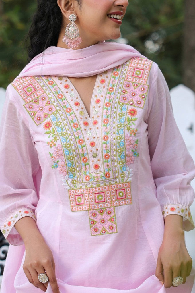 Lavender Cotton Mulmul Khari Printed Anarkali Set