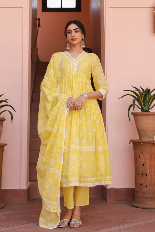 Yellow Cotton Mulmul Khari-Printed Gathered Anarkali Set