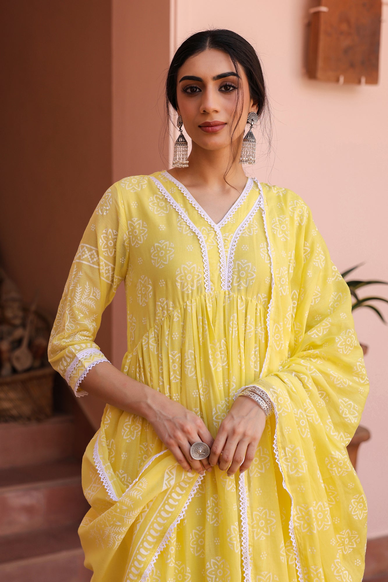 Yellow Cotton Mulmul Khari-Printed Gathered Anarkali Set