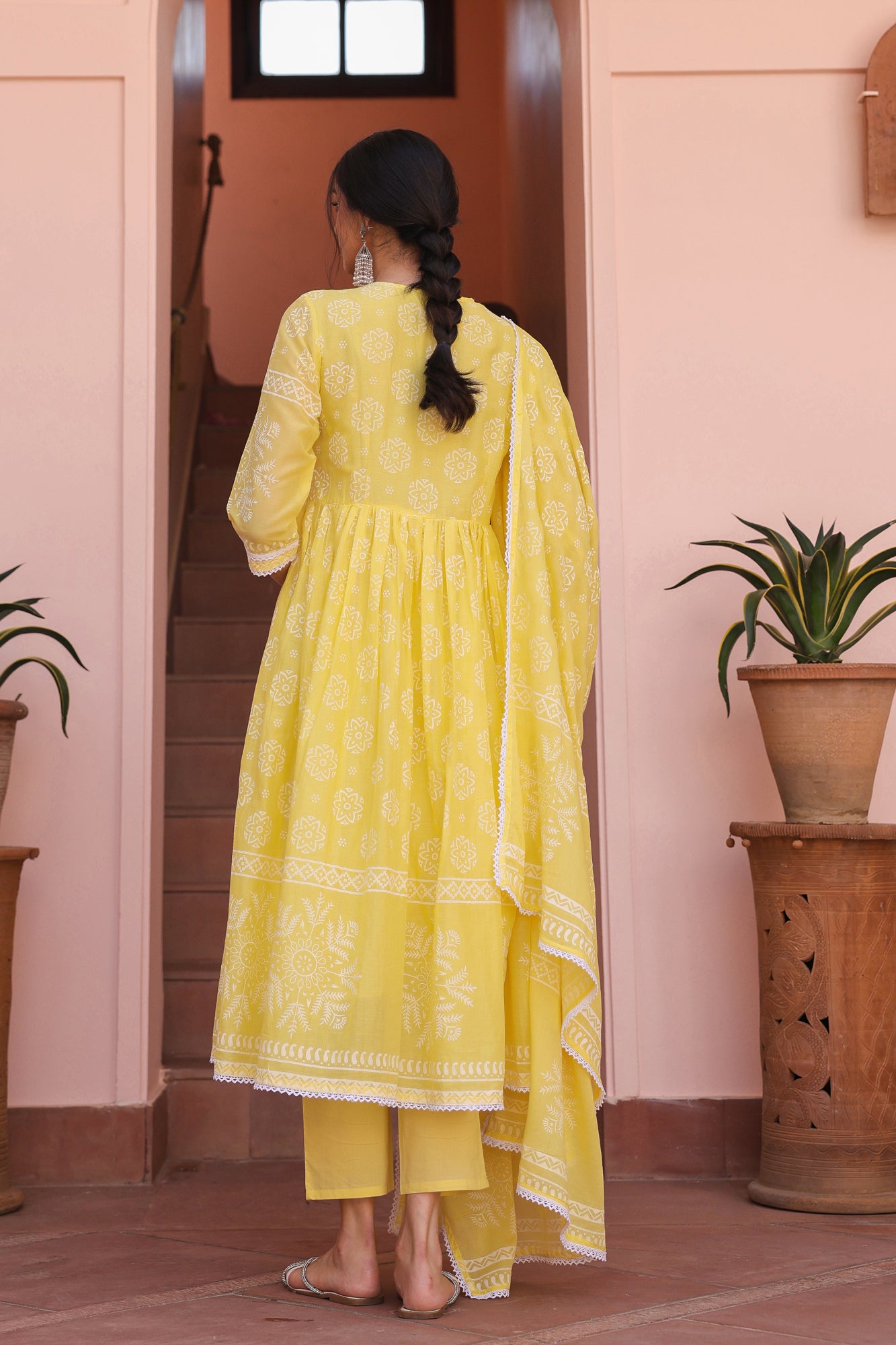 Yellow Cotton Mulmul Khari-Printed Gathered Anarkali Set