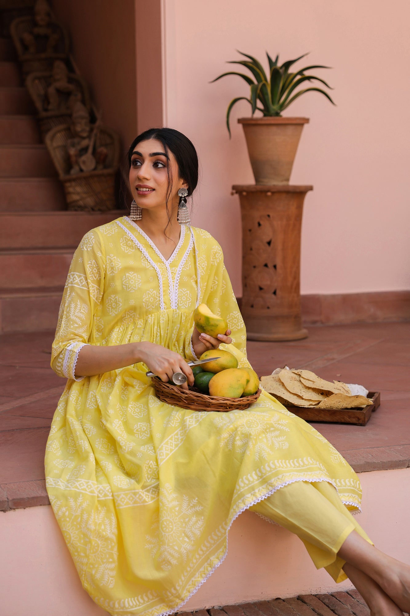 Yellow Cotton Mulmul Khari-Printed Gathered Anarkali Set