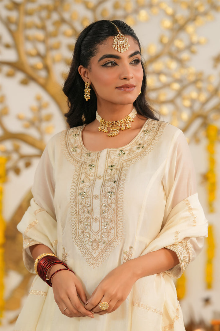 Ivory Mul Chanderi Dori Embroidered Anarkali Suit Set