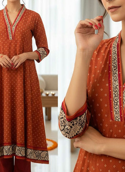 Rust Bandhej Printed Cotton Kurta