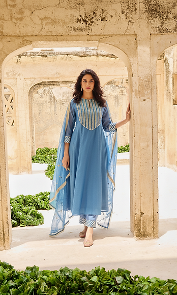 Blue Mulmul Gota Embellished Kurta-Pant-Dupatta Set