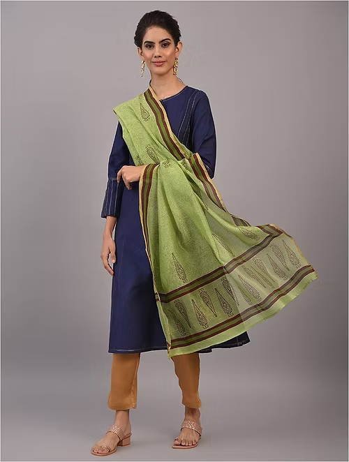 FameRoots Block-printed Chanderi Duppata with Zari