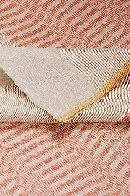 FameRoots Ivory Rust Orange Block-printed Chanderi Duppata with Zari