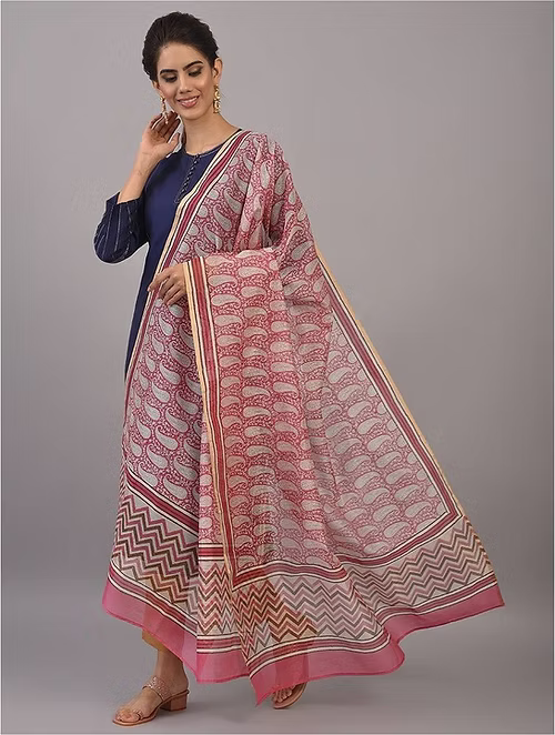 FameRoots Block-printed Chanderi Duppata with Zari