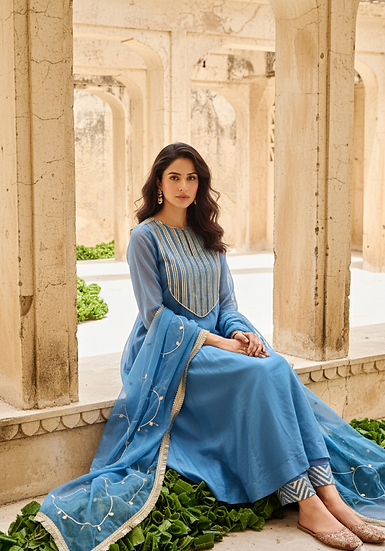 Blue Mulmul Gota Embellished Kurta-Pant-Dupatta Set