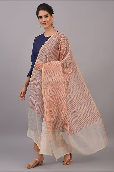 FameRoots Ivory Rust Orange Block-printed Chanderi Duppata with Zari