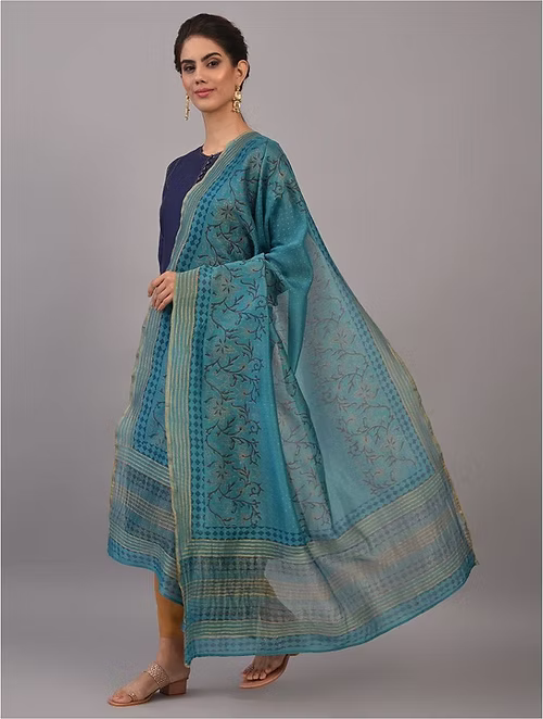 FameRoots Teal Blue Block-printed Chanderi Duppata with Zari