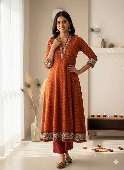Rust Bandhej Printed Cotton Kurta
