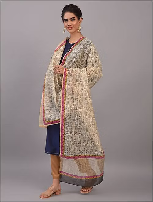 FameRoots Block-printed Chanderi Duppata with Zari