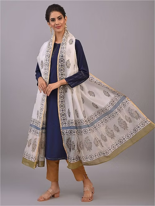 FameRoots Block-printed Chanderi Duppata with Zari