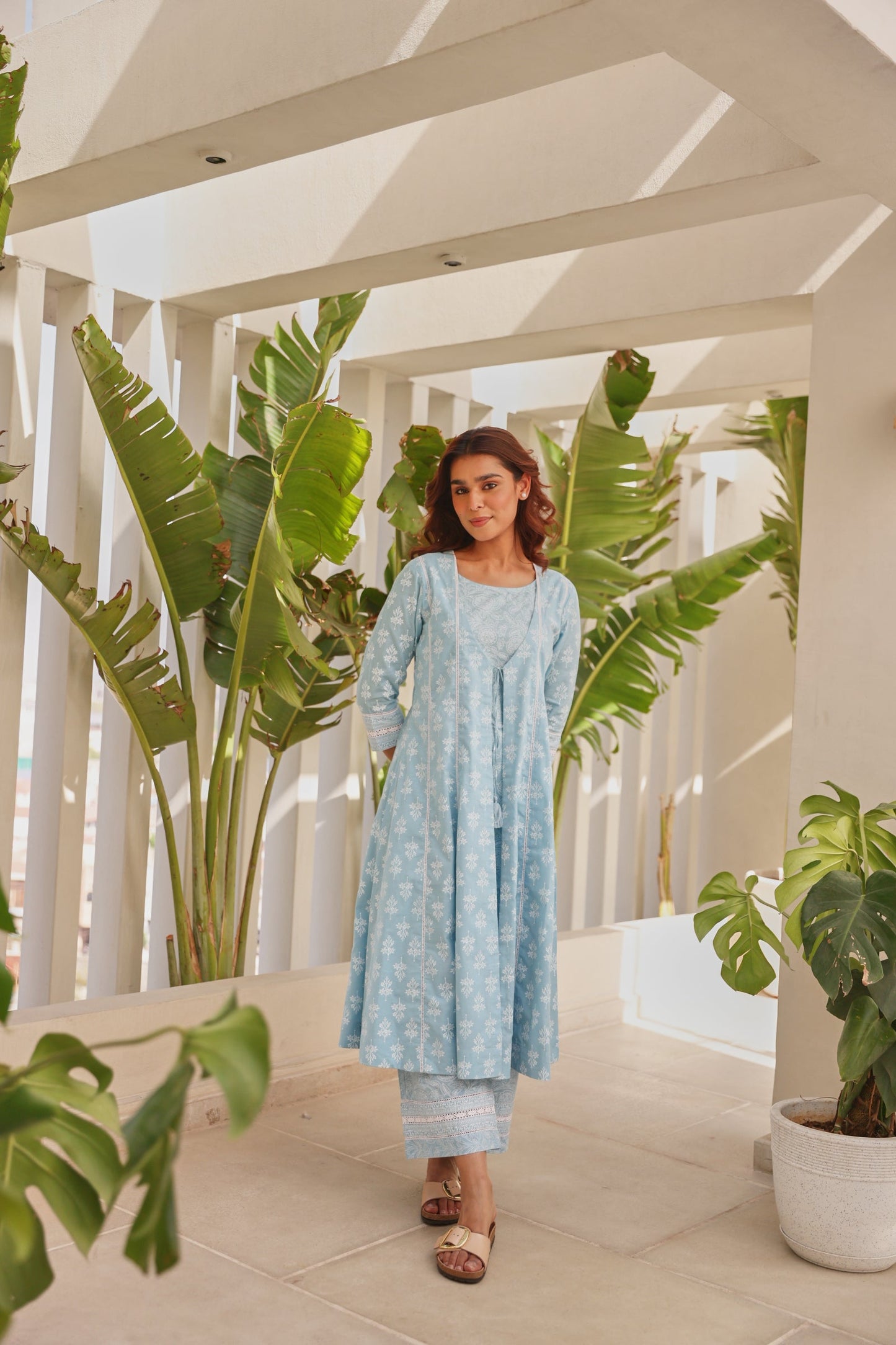 Blue Double-Layer Front‑Open Chunakhari Printed Kurta Set