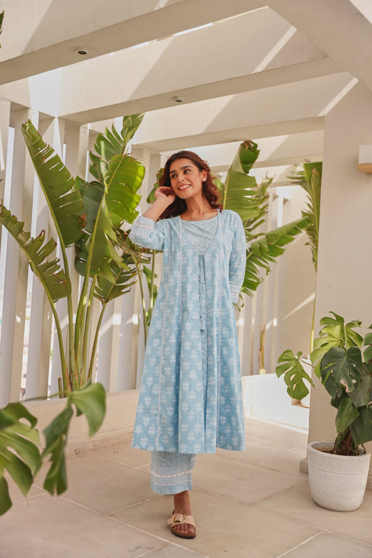 Blue Double-Layer Front‑Open Chunakhari Printed Kurta Set