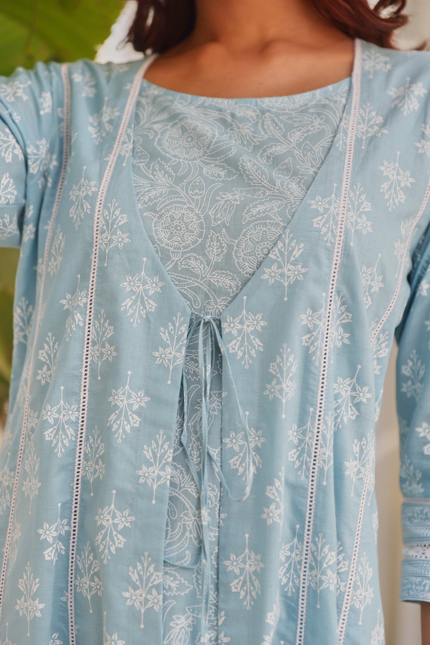 Blue Double-Layer Front‑Open Chunakhari Printed Kurta Set