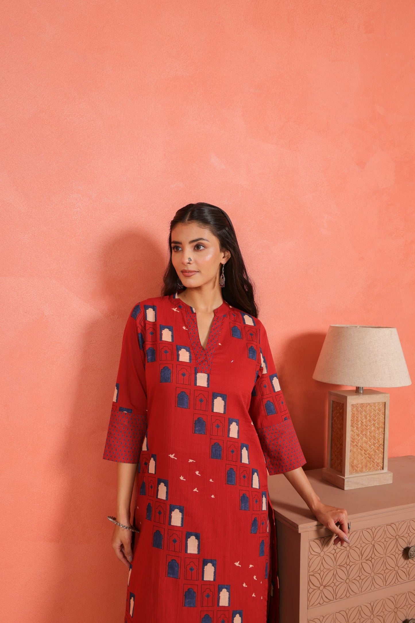 Brick Red Cotton Slub Straight Kurta with Afghani Pants Set