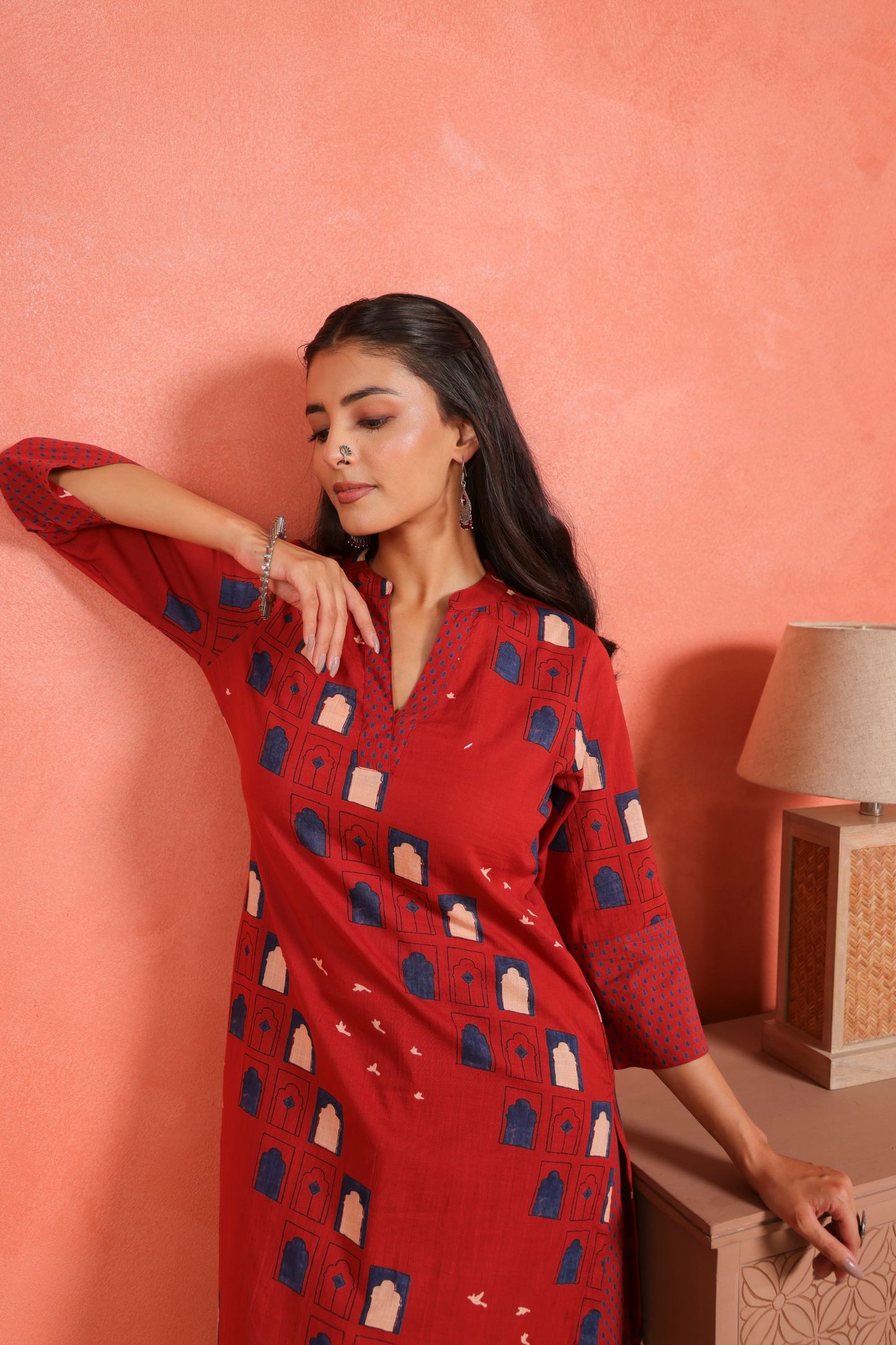 Brick Red Cotton Slub Straight Kurta with Afghani Pants Set