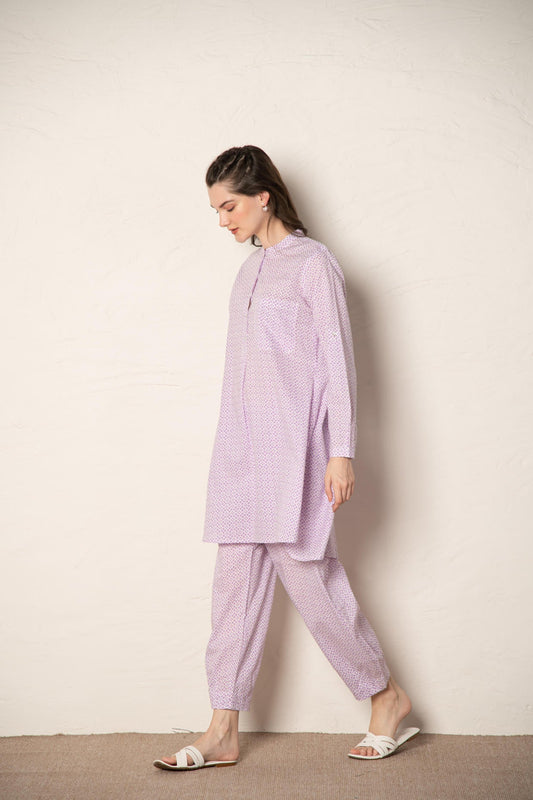 Lavender Cotton Printed Loose Fit Up‑Down Co‑Ord Set