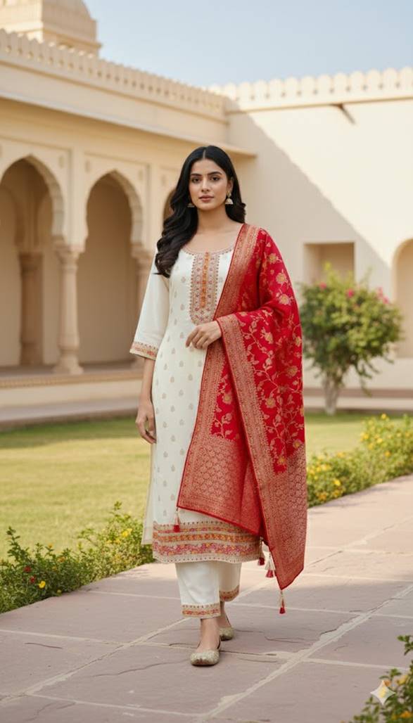 OFF WHITE Pure Viscose 3-Piece Ethnic Suit Set – Kurta, Pant & Banarasi-Style Floral Silk Dupatta