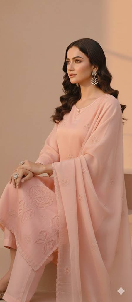 Pink Viscose Organza 3-Piece Ethnic Suit Set – Kurta, Pant & Dupatta