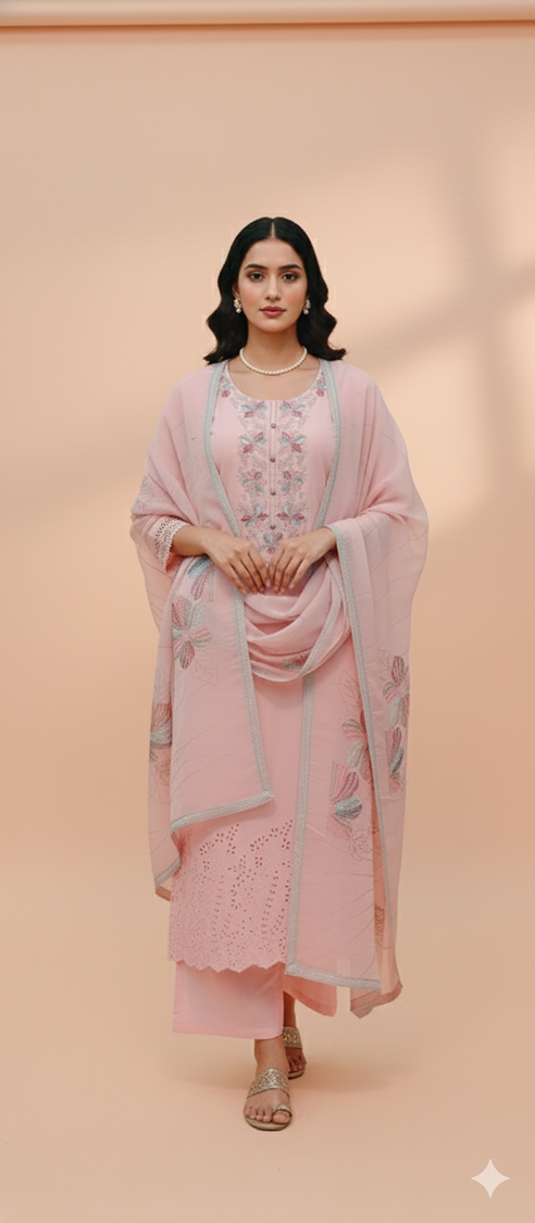 Soft peach pink Linen 3-Piece Ethnic Suit Set – Kurta, Pant & Dupatta