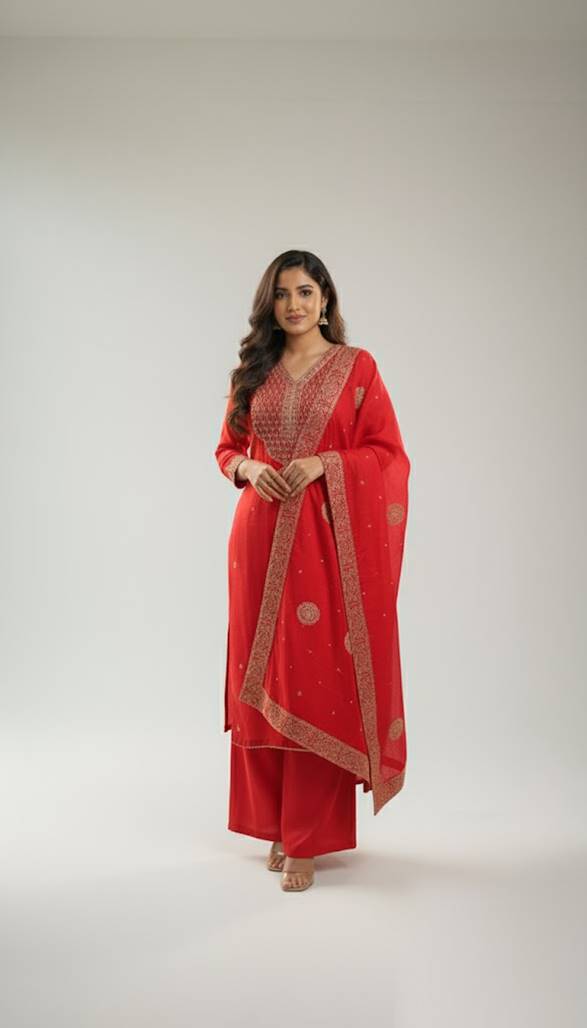 Red Chinon Fabric 3-Piece Ethnic Suit Set – Kurta, Palazo & Dupatta