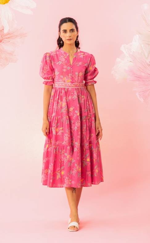 Pink Printed Tiered Maxi Dress with a Belt