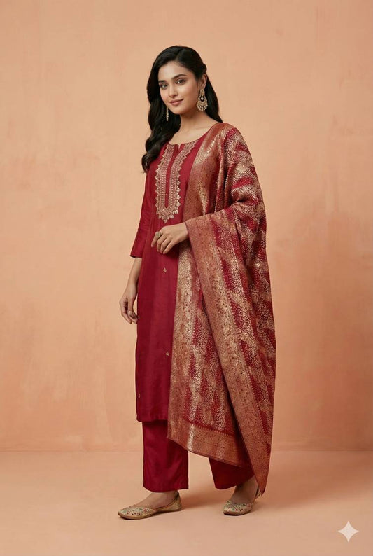 DEEP MAROON Pure Viscose 3-Piece Ethnic Suit Set – Kurta, Pant & Banarasi-Style Floral Silk Dupatta