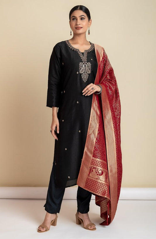 Black Pure Viscose silk Ethnic Suit Set – Kurta, Pant & Banarasi Silk Dupatta
