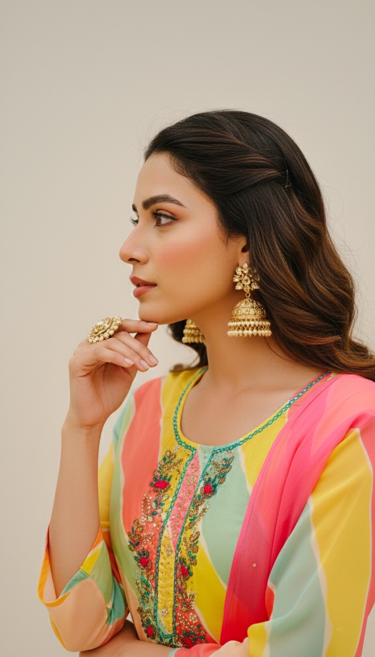 MULTI COLOUR Viscose Organza 3-Piece Ethnic Suit Set – Kurta, Pant & Dupatta