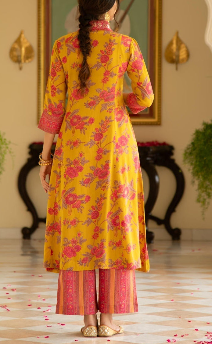 Mustard Printed Viscose Modal A-Line Gathered Yoke Kurta with Pink Printed Pant