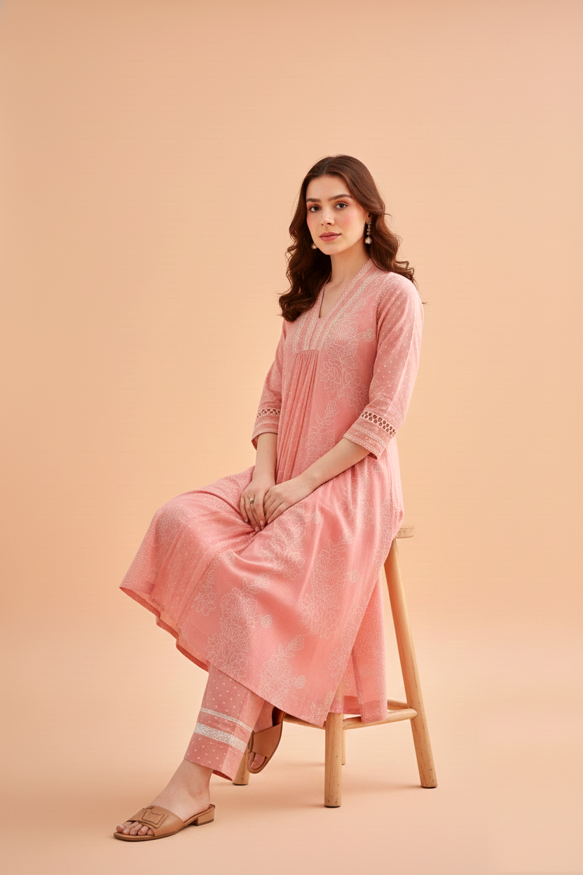 Pink Chunakhari Printed Cotton Kurta Set with Pearl Lace Work