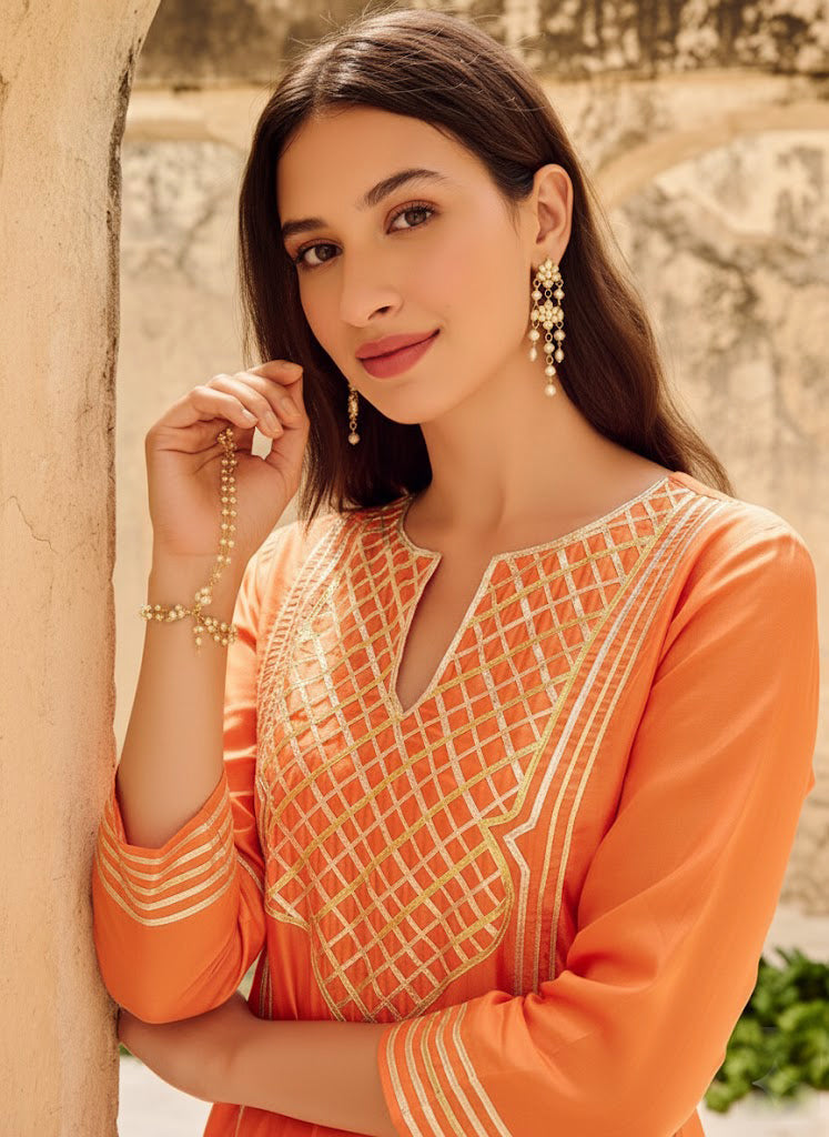 Elegant Orange Gota Embellished Kurta Set